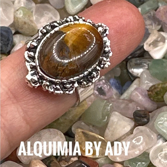 13 Adjustable Silver and tiger’s eye Victorian western vintage gem ring - Picture 2 of 6